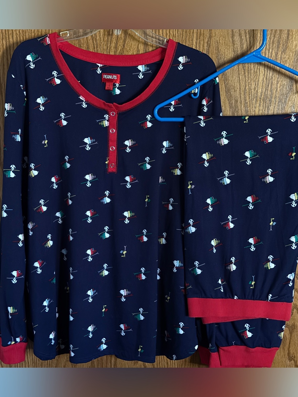 Peanuts Snoopy Blue Holiday 2 Piece Pajama Set Stretchy Women's Size Large